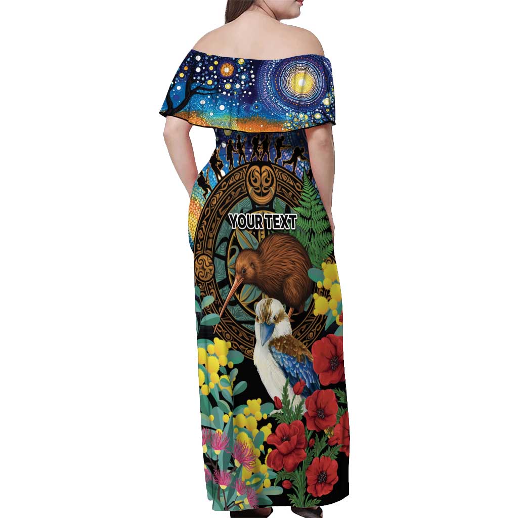 Kiwi-Kookaburra Bird ANZAC Personalised Off Shoulder Maxi Dress Aussie Golden Wattle Poppy Flowers LT9 - Polynesian Pride