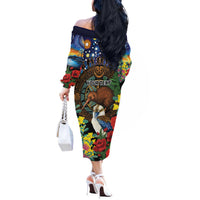 Kiwi-Kookaburra Bird ANZAC Personalised Off The Shoulder Long Sleeve Dress Aussie Golden Wattle Poppy Flowers LT9 - Polynesian Pride