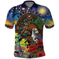 Kiwi-Kookaburra Bird ANZAC Personalised Polo Shirt Aussie Golden Wattle Poppy Flowers LT9 Blue - Polynesian Pride