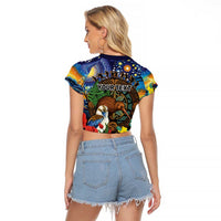 Kiwi-Kookaburra Bird ANZAC Personalised Raglan Cropped T Shirt Aussie Golden Wattle Poppy Flowers LT9 - Polynesian Pride