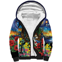 Kiwi-Kookaburra Bird ANZAC Personalised Sherpa Hoodie Aussie Golden Wattle Poppy Flowers LT9 Unisex Blue - Polynesian Pride