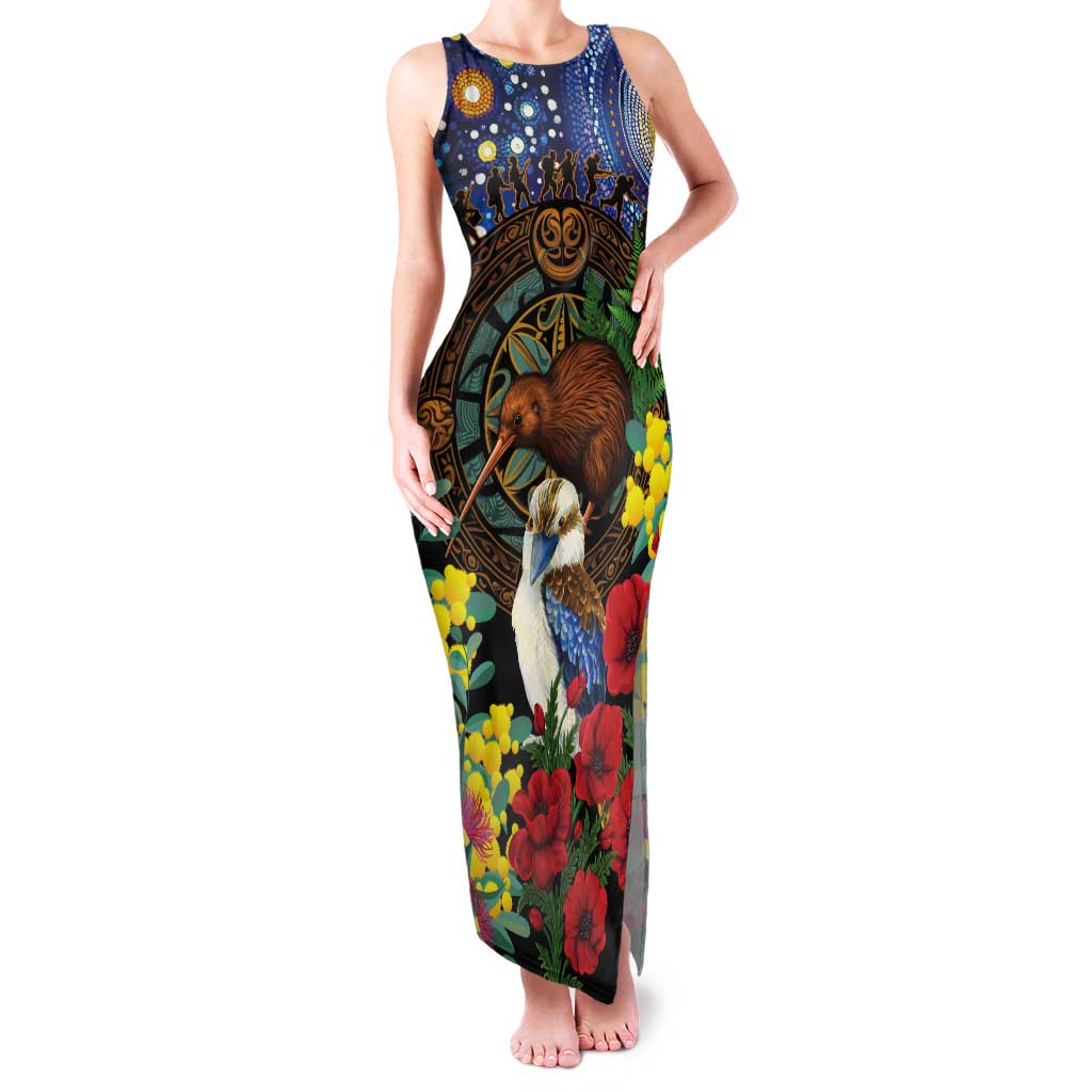 Kiwi-Kookaburra Bird ANZAC Personalised Tank Maxi Dress Aussie Golden Wattle Poppy Flowers LT9 Women Blue - Polynesian Pride