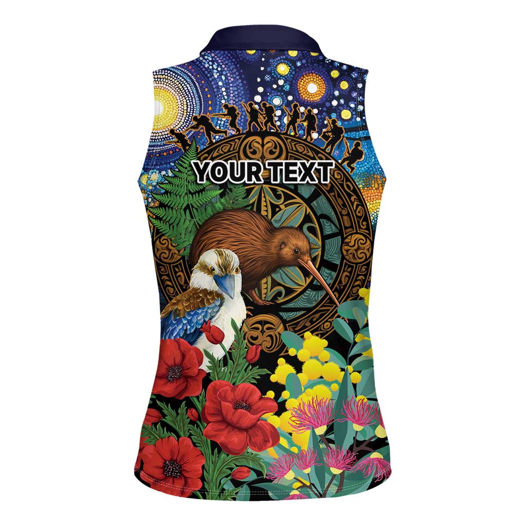 Kiwi-Kookaburra Bird ANZAC Personalised Women Sleeveless Polo Shirt Aussie Golden Wattle Poppy Flowers LT9 - Polynesian Pride