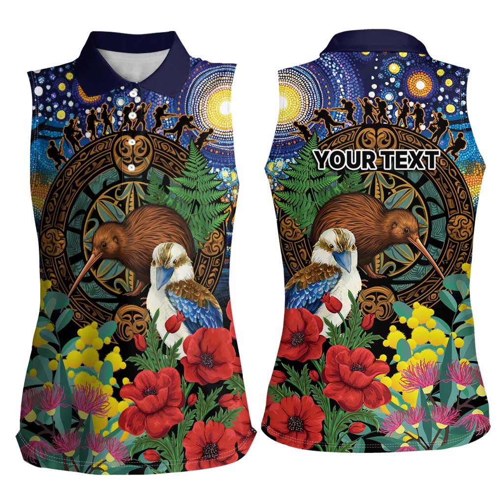 Kiwi-Kookaburra Bird ANZAC Personalised Women Sleeveless Polo Shirt Aussie Golden Wattle Poppy Flowers LT9 - Polynesian Pride