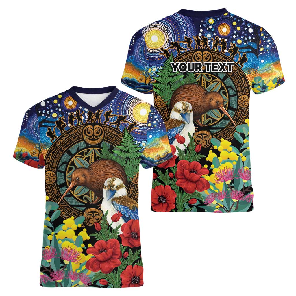 Kiwi-Kookaburra Bird ANZAC Personalised Women V-Neck T-Shirt Aussie Golden Wattle Poppy Flowers LT9 - Polynesian Pride