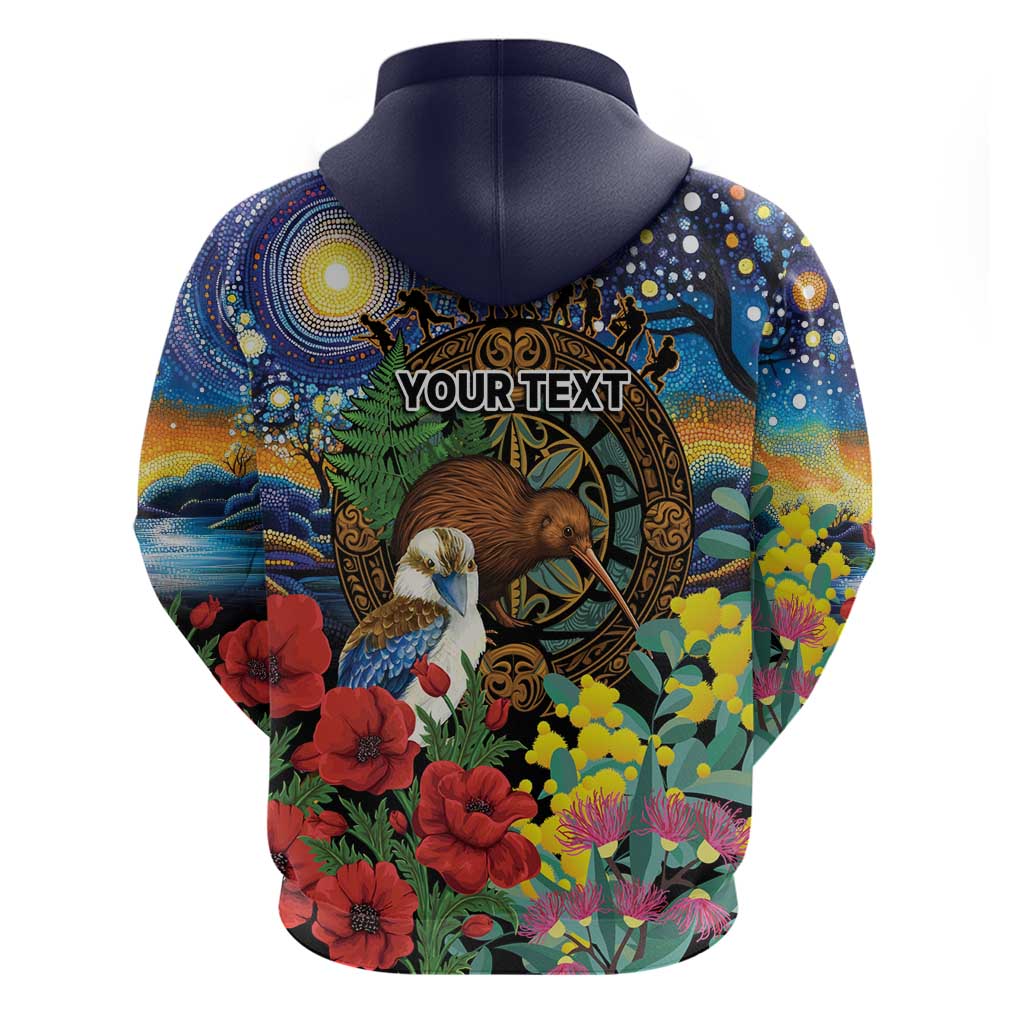 Kiwi-Kookaburra Bird ANZAC Personalised Zip Hoodie Aussie Golden Wattle Poppy Flowers LT9 - Polynesian Pride