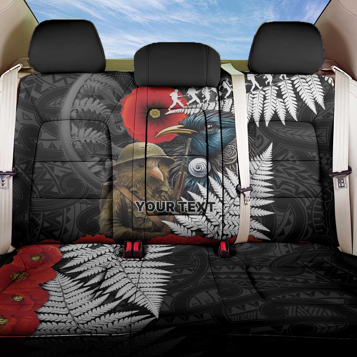 Kiwi-Tui Bird Soldier ANZAC Day Personalised Back Car Seat Cover Maori Silver Fern Motif LT9 One Size Black - Polynesian Pride