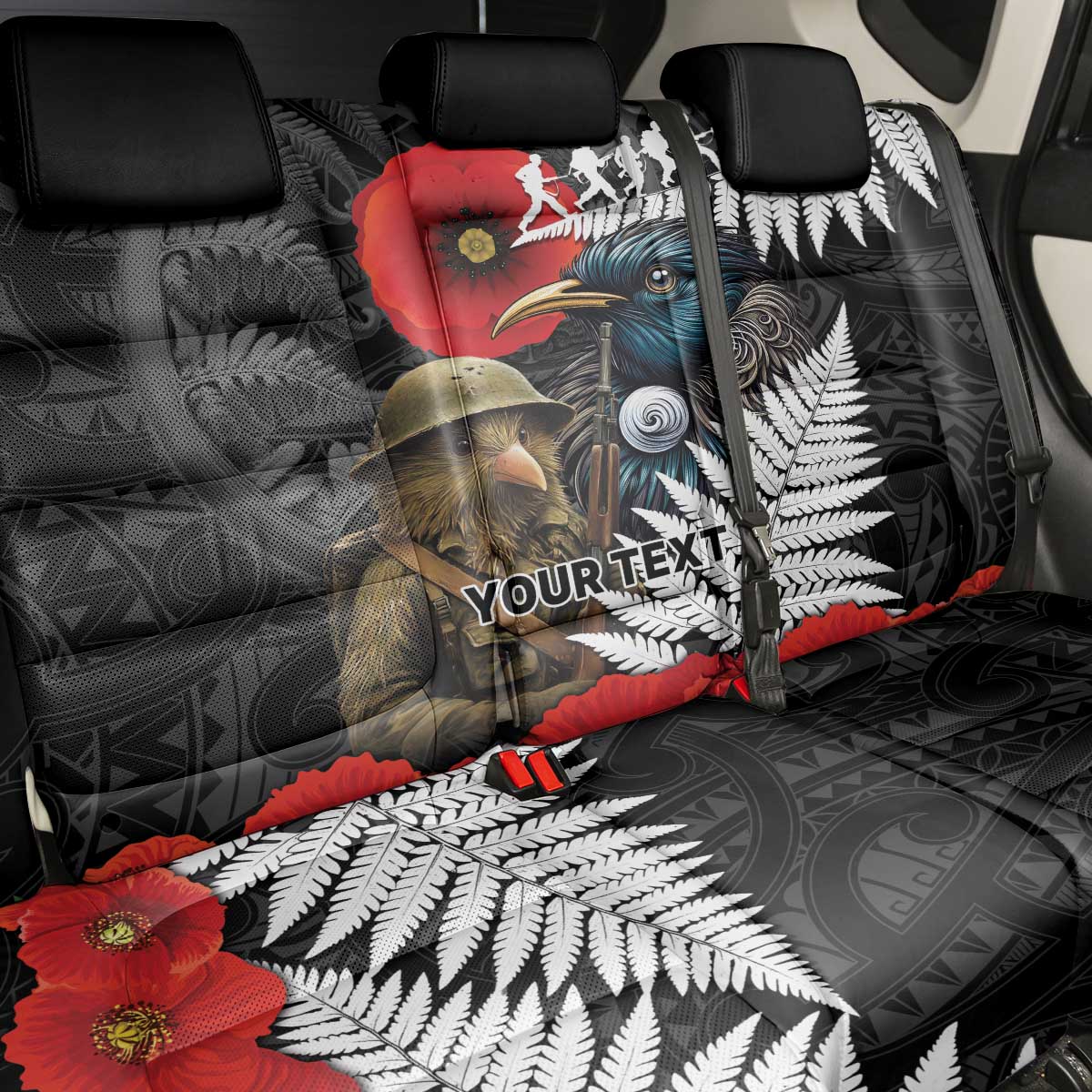 Kiwi-Tui Bird Soldier ANZAC Day Personalised Back Car Seat Cover Maori Silver Fern Motif LT9 - Polynesian Pride