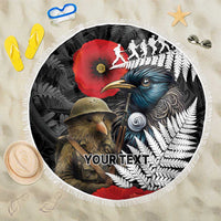 Kiwi-Tui Bird Soldier ANZAC Day Personalised Beach Blanket Maori Silver Fern Motif LT9 One Size 150cm Black - Polynesian Pride