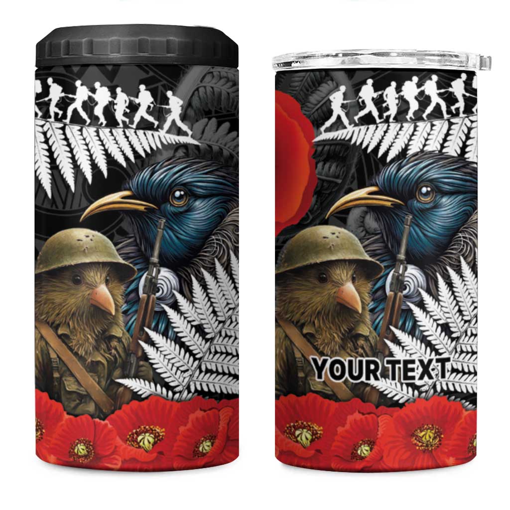 Kiwi-Tui Bird Soldier ANZAC Day Personalised 4 in 1 Can Cooler Tumbler Maori Silver Fern Motif LT9 One Size: 16 oz Black - Polynesian Pride