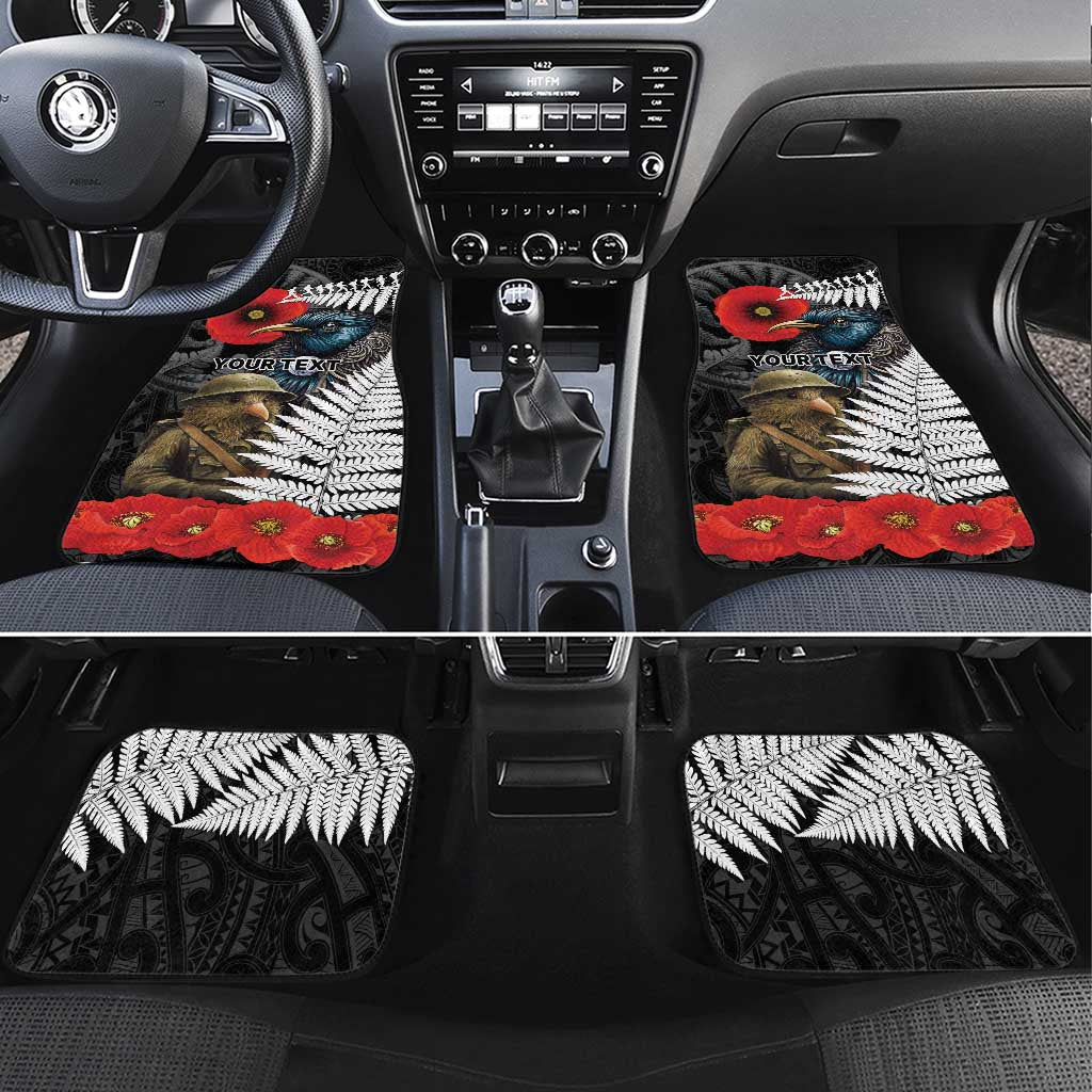 Kiwi-Tui Bird Soldier ANZAC Day Personalised Car Mats Maori Silver Fern Motif LT9 Set 4pcs Black - Polynesian Pride