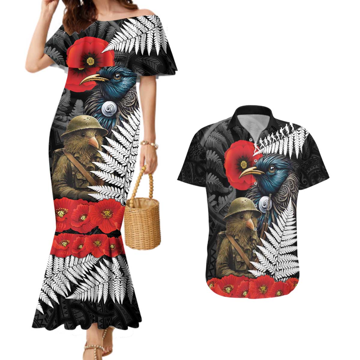 Kiwi-Tui Bird Soldier ANZAC Day Personalised Couples Matching Mermaid Dress and Hawaiian Shirt Maori Silver Fern Motif LT9 Black - Polynesian Pride