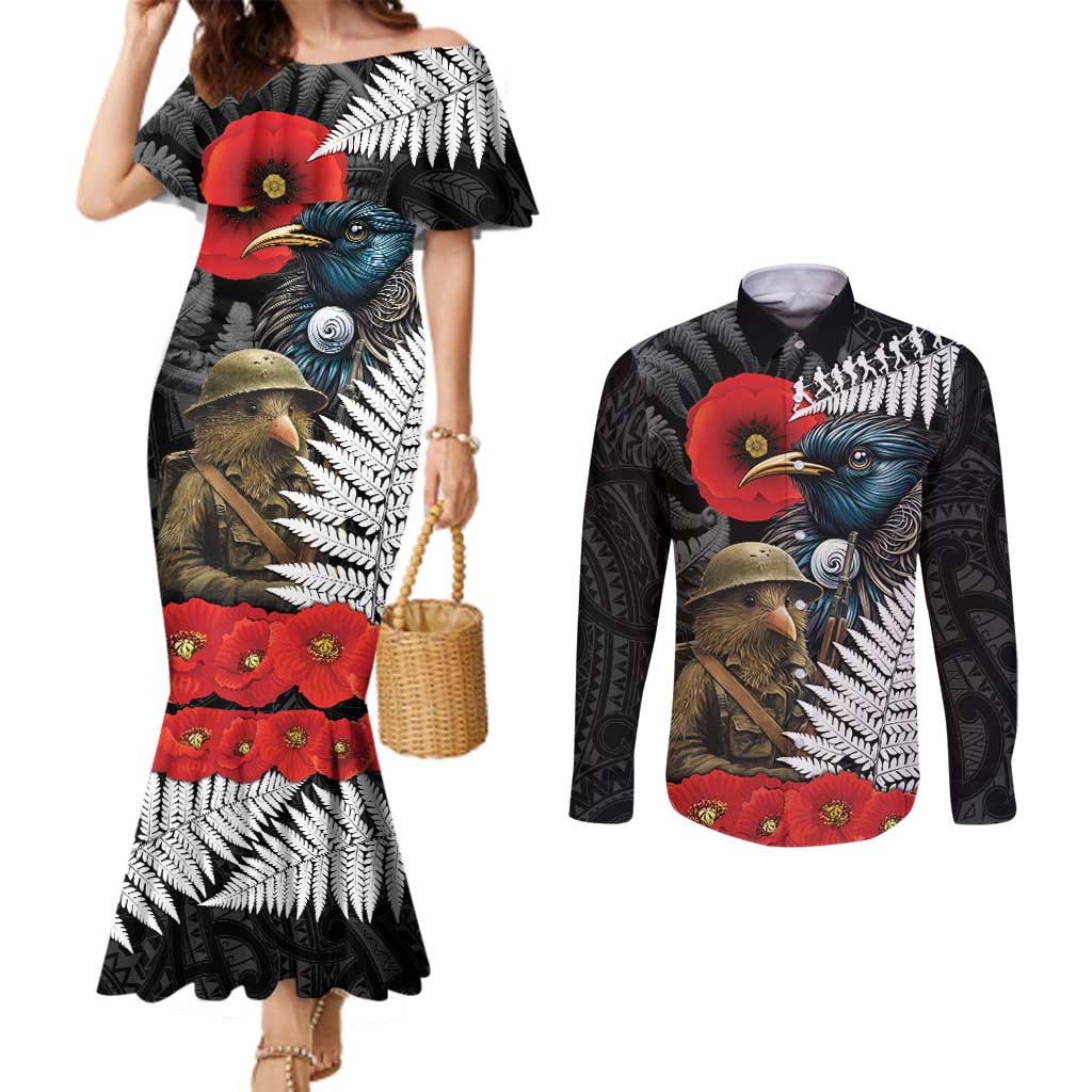 Kiwi-Tui Bird Soldier ANZAC Day Personalised Couples Matching Mermaid Dress and Long Sleeve Button Shirt Maori Silver Fern Motif LT9 Black - Polynesian Pride