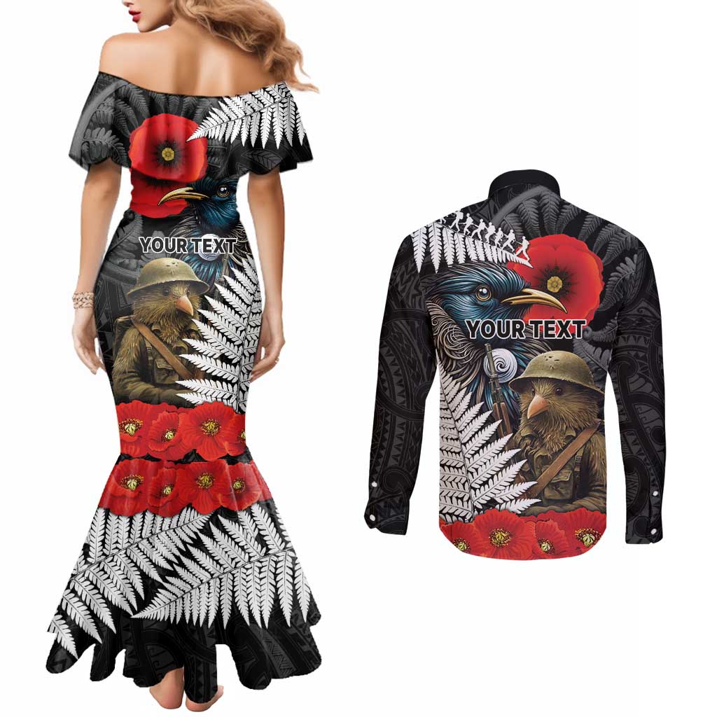 Kiwi-Tui Bird Soldier ANZAC Day Personalised Couples Matching Mermaid Dress and Long Sleeve Button Shirt Maori Silver Fern Motif LT9 - Polynesian Pride