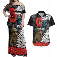 Kiwi-Tui Bird Soldier ANZAC Day Personalised Couples Matching Off Shoulder Maxi Dress and Hawaiian Shirt Maori Silver Fern Motif LT9 Black - Polynesian Pride