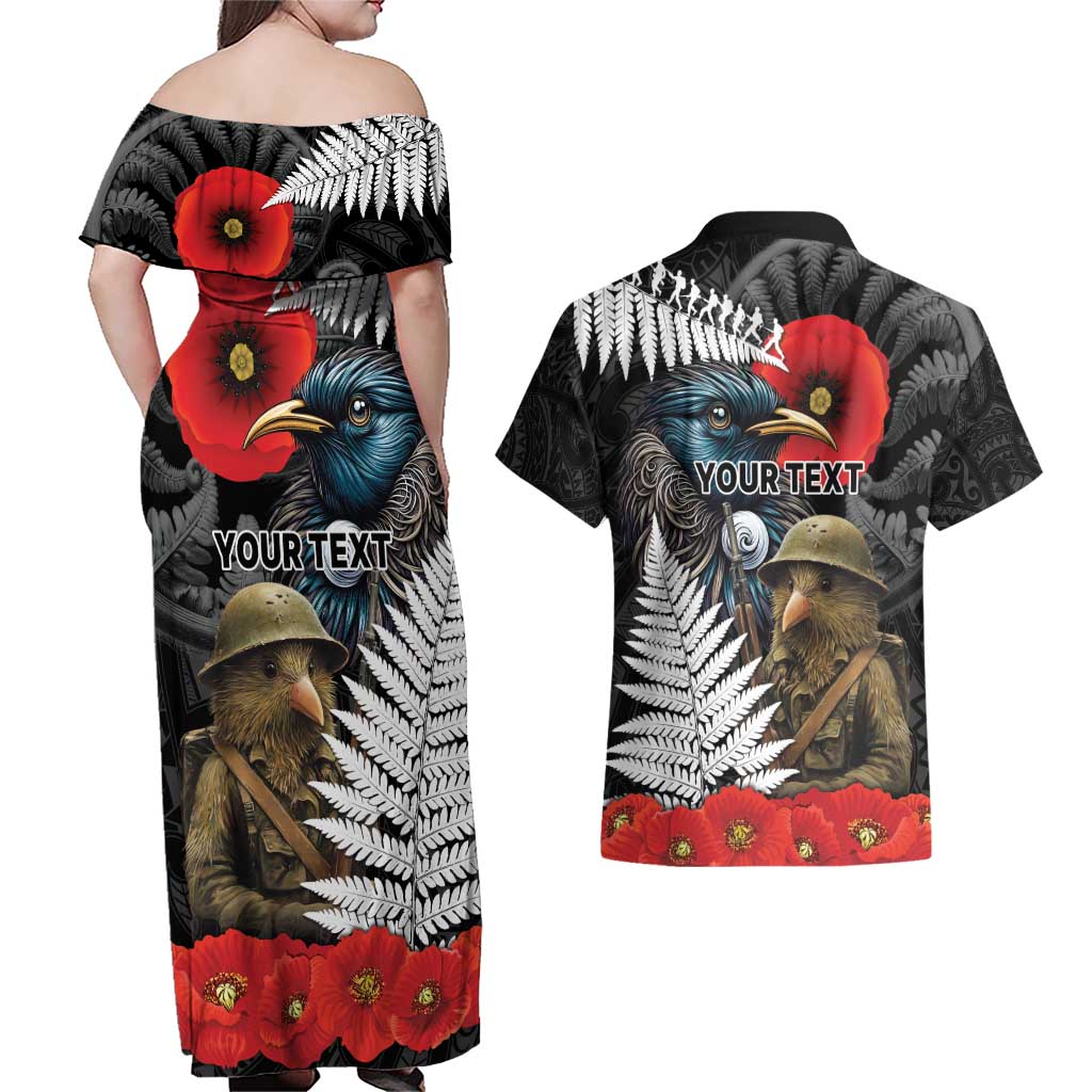 Kiwi-Tui Bird Soldier ANZAC Day Personalised Couples Matching Off Shoulder Maxi Dress and Hawaiian Shirt Maori Silver Fern Motif LT9 - Polynesian Pride