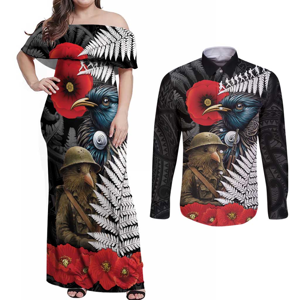 Kiwi-Tui Bird Soldier ANZAC Day Personalised Couples Matching Off Shoulder Maxi Dress and Long Sleeve Button Shirt Maori Silver Fern Motif LT9 Black - Polynesian Pride
