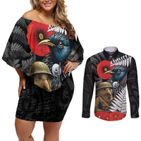 Kiwi-Tui Bird Soldier ANZAC Day Personalised Couples Matching Off Shoulder Short Dress and Long Sleeve Button Shirt Maori Silver Fern Motif LT9 Black - Polynesian Pride