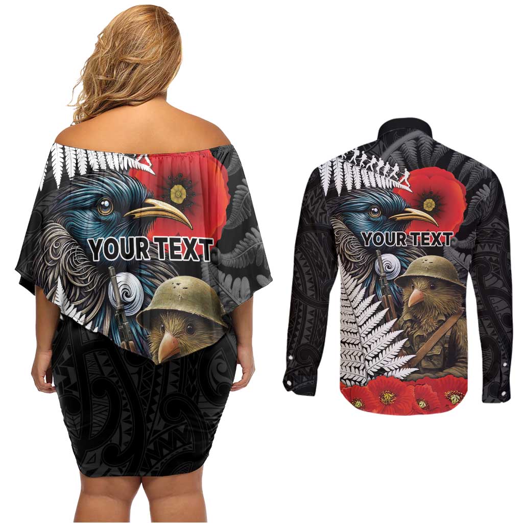 Kiwi-Tui Bird Soldier ANZAC Day Personalised Couples Matching Off Shoulder Short Dress and Long Sleeve Button Shirt Maori Silver Fern Motif LT9 - Polynesian Pride