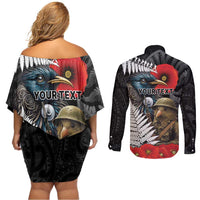 Kiwi-Tui Bird Soldier ANZAC Day Personalised Couples Matching Off Shoulder Short Dress and Long Sleeve Button Shirt Maori Silver Fern Motif LT9 - Polynesian Pride