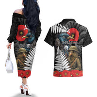 Kiwi-Tui Bird Soldier ANZAC Day Personalised Couples Matching Off The Shoulder Long Sleeve Dress and Hawaiian Shirt Maori Silver Fern Motif LT9 - Polynesian Pride