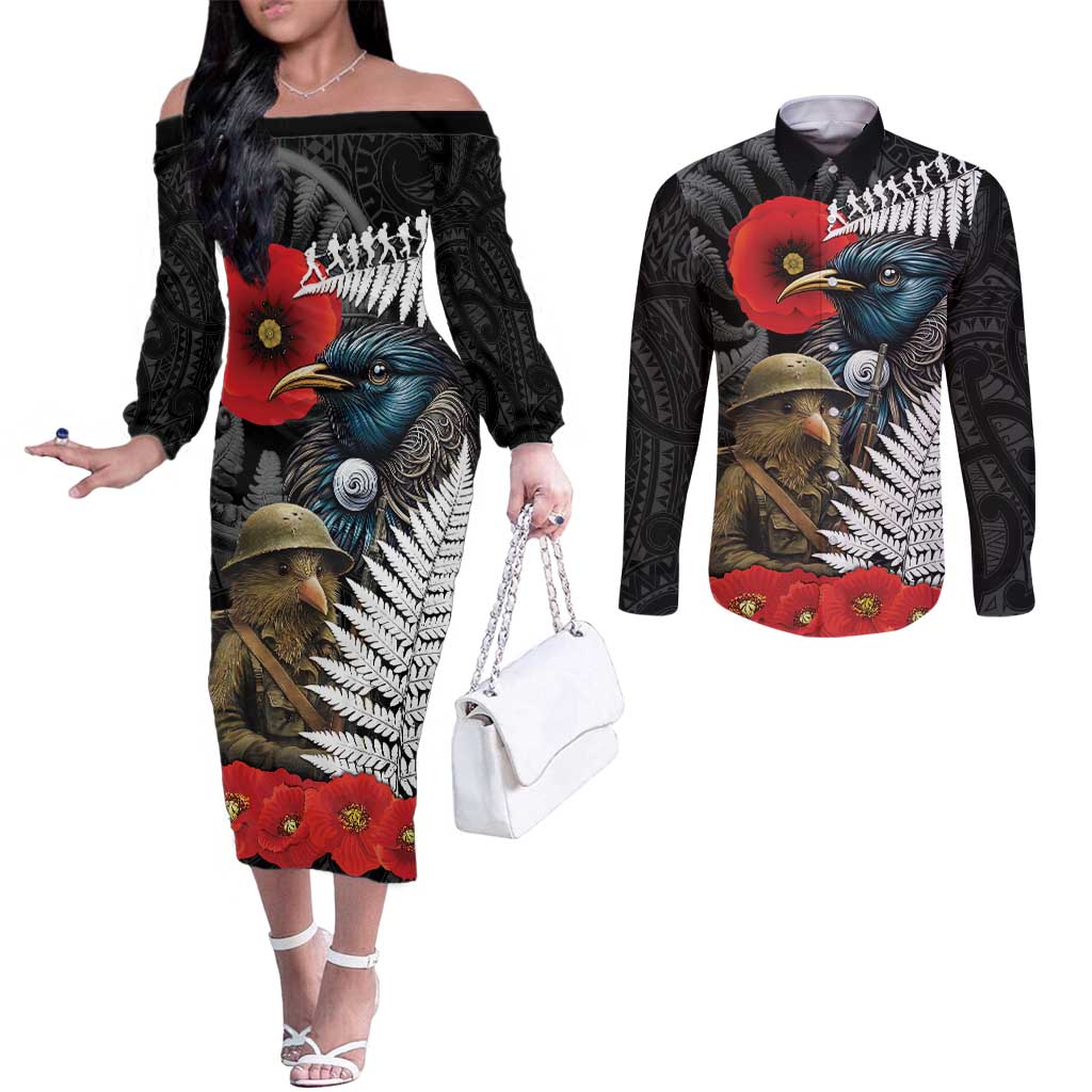 Kiwi-Tui Bird Soldier ANZAC Day Personalised Couples Matching Off The Shoulder Long Sleeve Dress and Long Sleeve Button Shirt Maori Silver Fern Motif LT9 Black - Polynesian Pride