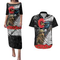 Kiwi-Tui Bird Soldier ANZAC Day Personalised Couples Matching Puletasi and Hawaiian Shirt Maori Silver Fern Motif LT9 Black - Polynesian Pride