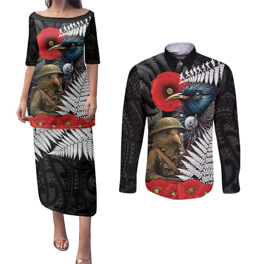 Kiwi-Tui Bird Soldier ANZAC Day Personalised Couples Matching Puletasi and Long Sleeve Button Shirt Maori Silver Fern Motif LT9 Black - Polynesian Pride