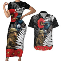 Kiwi-Tui Bird Soldier ANZAC Day Personalised Couples Matching Short Sleeve Bodycon Dress and Hawaiian Shirt Maori Silver Fern Motif LT9 Black - Polynesian Pride