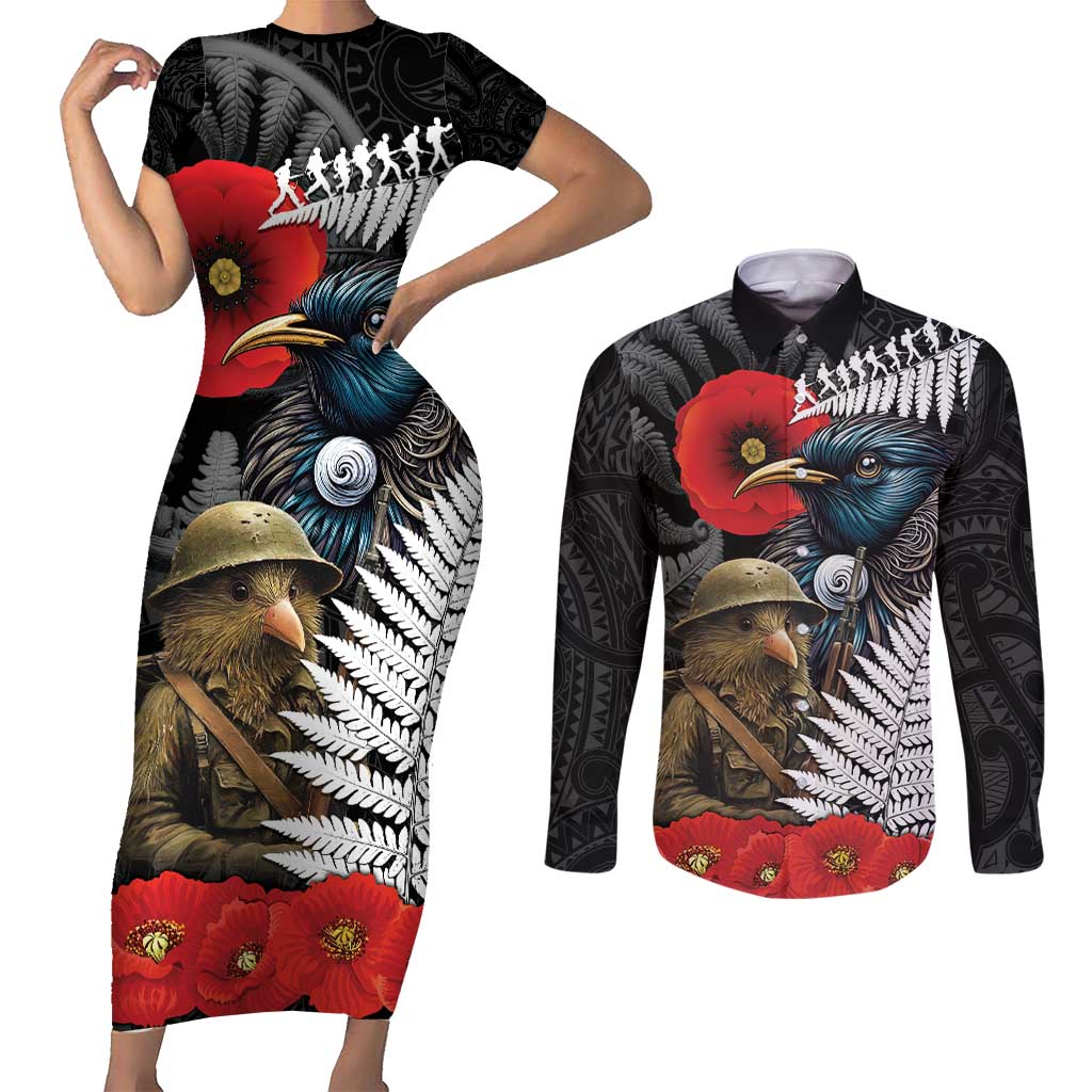 Kiwi-Tui Bird Soldier ANZAC Day Personalised Couples Matching Short Sleeve Bodycon Dress and Long Sleeve Button Shirt Maori Silver Fern Motif LT9 Black - Polynesian Pride