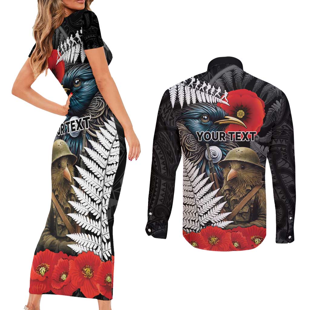 Kiwi-Tui Bird Soldier ANZAC Day Personalised Couples Matching Short Sleeve Bodycon Dress and Long Sleeve Button Shirt Maori Silver Fern Motif LT9 - Polynesian Pride