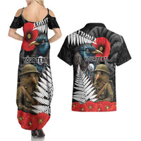 Kiwi-Tui Bird Soldier ANZAC Day Personalised Couples Matching Summer Maxi Dress and Hawaiian Shirt Maori Silver Fern Motif LT9 - Polynesian Pride