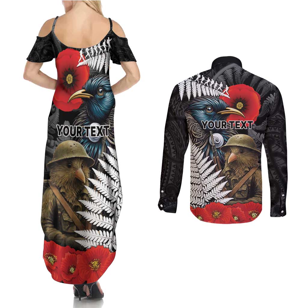 Kiwi-Tui Bird Soldier ANZAC Day Personalised Couples Matching Summer Maxi Dress and Long Sleeve Button Shirt Maori Silver Fern Motif LT9 - Polynesian Pride