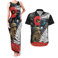 Kiwi-Tui Bird Soldier ANZAC Day Personalised Couples Matching Tank Maxi Dress and Hawaiian Shirt Maori Silver Fern Motif LT9 Black - Polynesian Pride