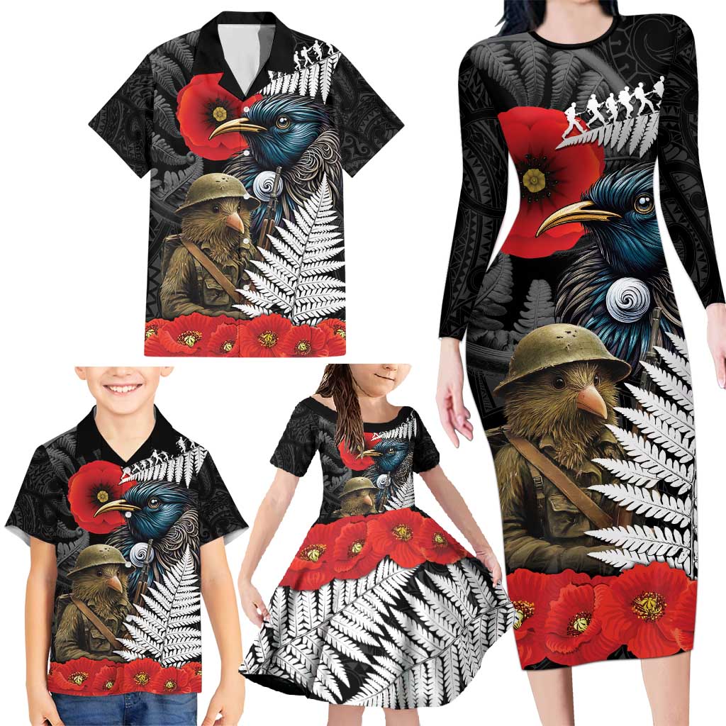 Kiwi-Tui Bird Soldier ANZAC Day Personalised Family Matching Long Sleeve Bodycon Dress and Hawaiian Shirt Maori Silver Fern Motif LT9 - Polynesian Pride