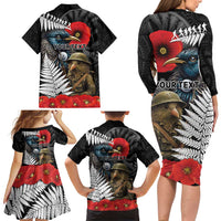 Kiwi-Tui Bird Soldier ANZAC Day Personalised Family Matching Long Sleeve Bodycon Dress and Hawaiian Shirt Maori Silver Fern Motif LT9 - Polynesian Pride