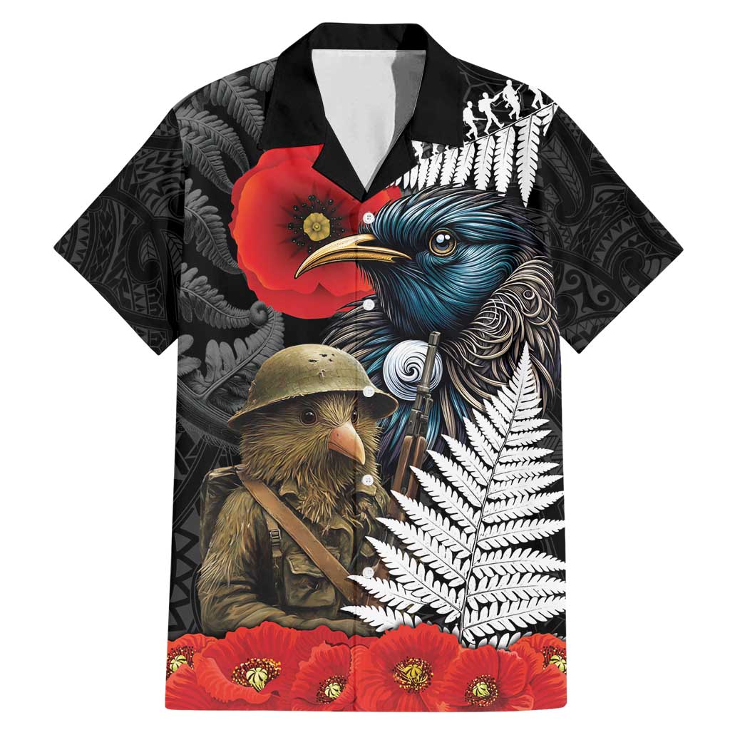 Kiwi-Tui Bird Soldier ANZAC Day Personalised Family Matching Mermaid Dress and Hawaiian Shirt Maori Silver Fern Motif LT9 Dad's Shirt - Short Sleeve Black - Polynesian Pride