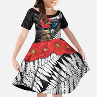 Kiwi-Tui Bird Soldier ANZAC Day Personalised Family Matching Off The Shoulder Long Sleeve Dress and Hawaiian Shirt Maori Silver Fern Motif LT9 Daughter's Dress Black - Polynesian Pride