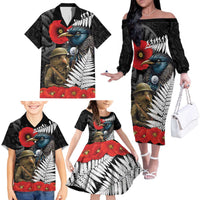 Kiwi-Tui Bird Soldier ANZAC Day Personalised Family Matching Off The Shoulder Long Sleeve Dress and Hawaiian Shirt Maori Silver Fern Motif LT9 - Polynesian Pride