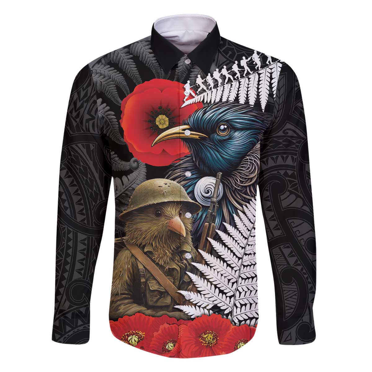 Kiwi-Tui Bird Soldier ANZAC Day Personalised Family Matching Off The Shoulder Long Sleeve Dress and Hawaiian Shirt Maori Silver Fern Motif LT9 Dad's Shirt - Long Sleeve Black - Polynesian Pride
