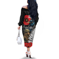 Kiwi-Tui Bird Soldier ANZAC Day Personalised Family Matching Off The Shoulder Long Sleeve Dress and Hawaiian Shirt Maori Silver Fern Motif LT9 - Polynesian Pride