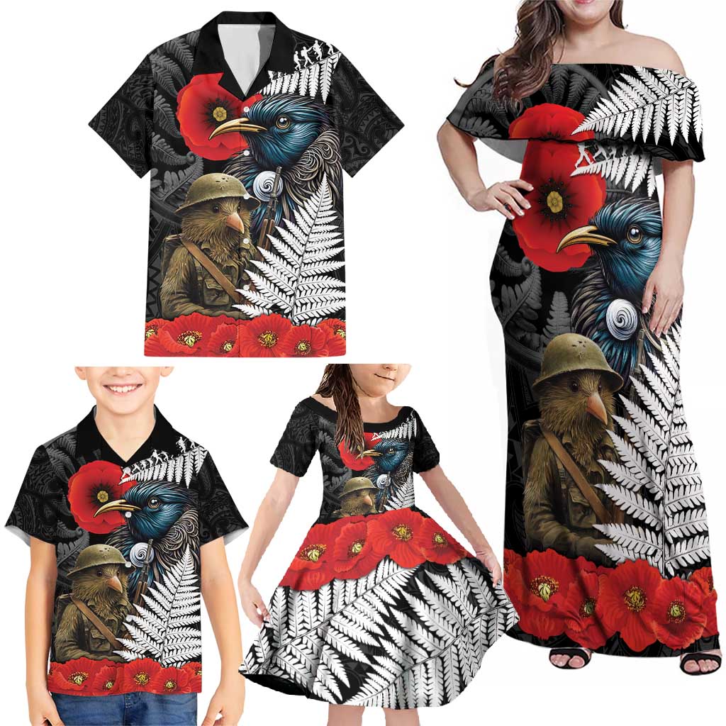 Kiwi-Tui Bird Soldier ANZAC Day Personalised Family Matching Off Shoulder Maxi Dress and Hawaiian Shirt Maori Silver Fern Motif LT9 - Polynesian Pride