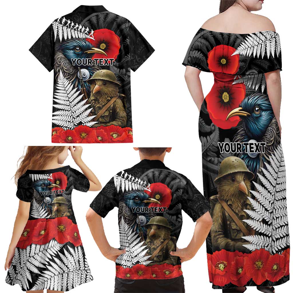 Kiwi-Tui Bird Soldier ANZAC Day Personalised Family Matching Off Shoulder Maxi Dress and Hawaiian Shirt Maori Silver Fern Motif LT9 - Polynesian Pride