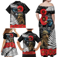Kiwi-Tui Bird Soldier ANZAC Day Personalised Family Matching Off Shoulder Maxi Dress and Hawaiian Shirt Maori Silver Fern Motif LT9 - Polynesian Pride