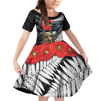 Kiwi-Tui Bird Soldier ANZAC Day Personalised Family Matching Off Shoulder Short Dress and Hawaiian Shirt Maori Silver Fern Motif LT9 Daughter's Dress Black - Polynesian Pride