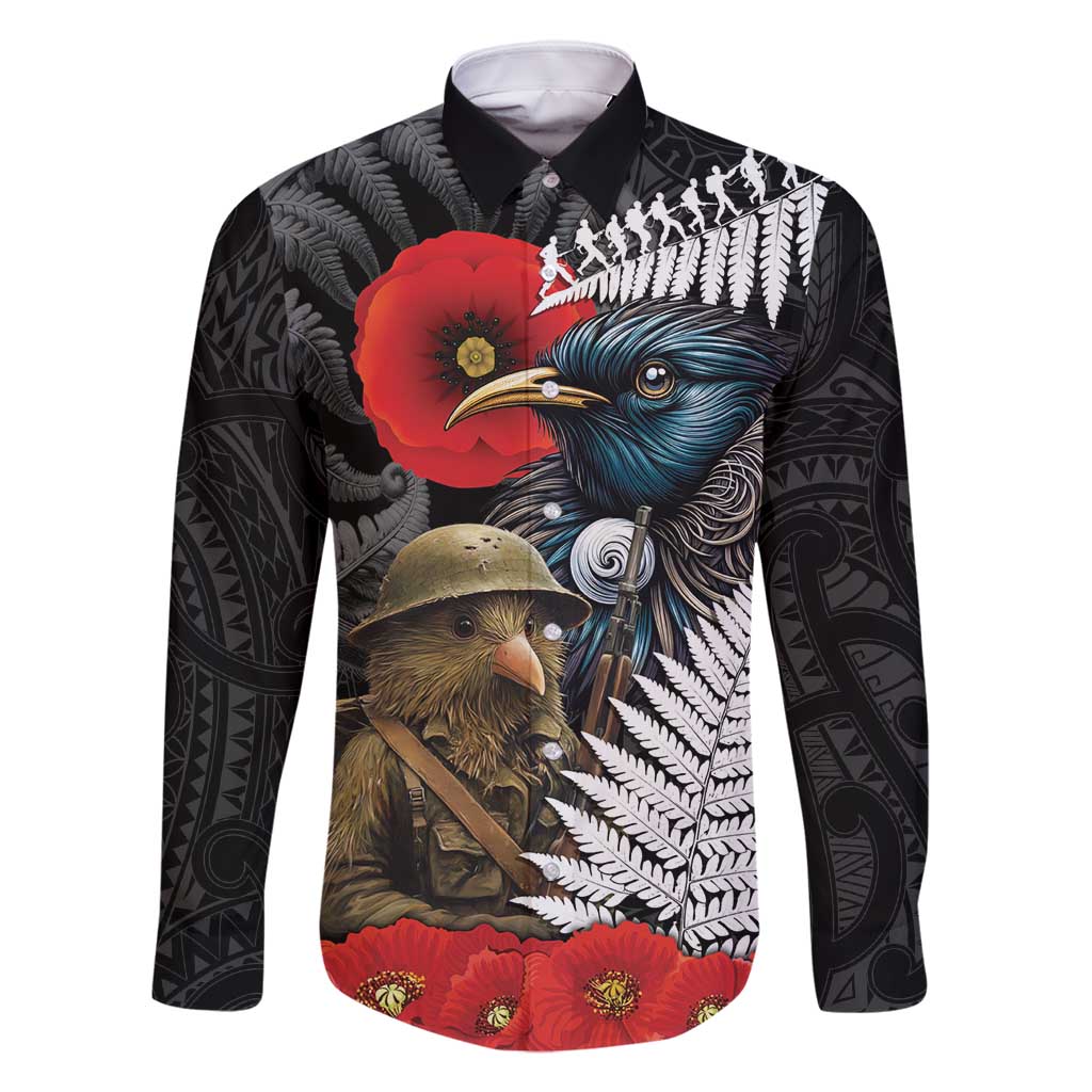 Kiwi-Tui Bird Soldier ANZAC Day Personalised Family Matching Off Shoulder Short Dress and Hawaiian Shirt Maori Silver Fern Motif LT9 Dad's Shirt - Long Sleeve Black - Polynesian Pride