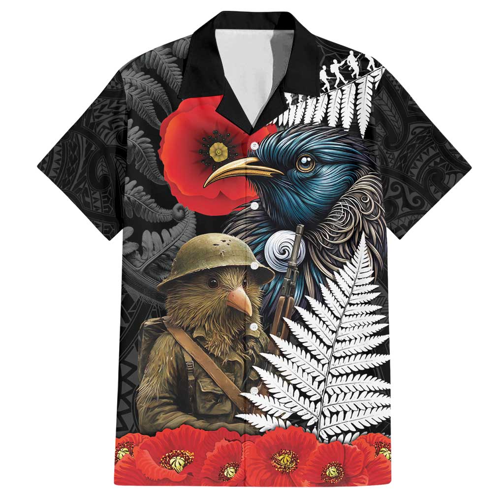 Kiwi-Tui Bird Soldier ANZAC Day Personalised Family Matching Puletasi and Hawaiian Shirt Maori Silver Fern Motif LT9 Dad's Shirt - Short Sleeve Black - Polynesian Pride