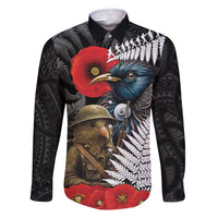 Kiwi-Tui Bird Soldier ANZAC Day Personalised Family Matching Short Sleeve Bodycon Dress and Hawaiian Shirt Maori Silver Fern Motif LT9 Dad's Shirt - Long Sleeve Black - Polynesian Pride