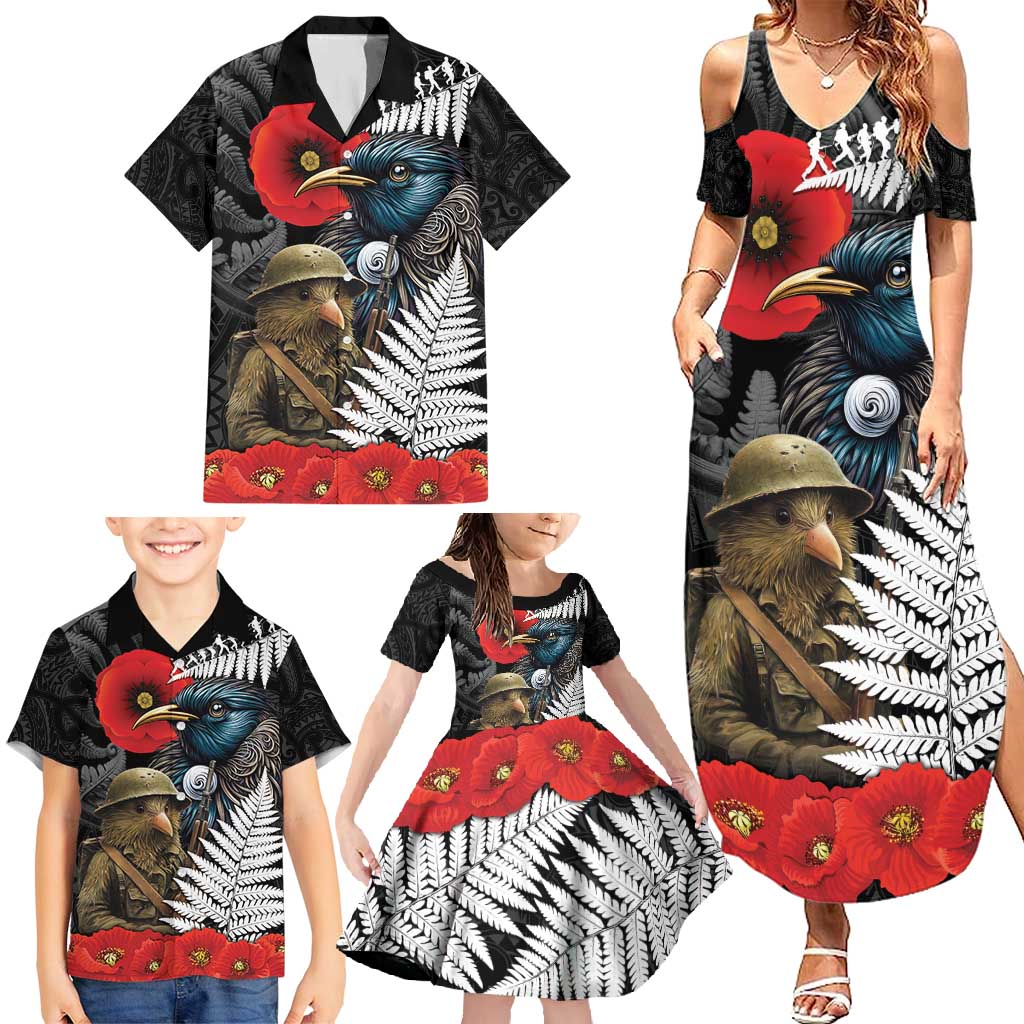 Kiwi-Tui Bird Soldier ANZAC Day Personalised Family Matching Summer Maxi Dress and Hawaiian Shirt Maori Silver Fern Motif LT9 - Polynesian Pride