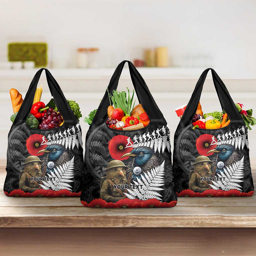 Kiwi-Tui Bird Soldier ANZAC Day Personalised Grocery Bag Maori Silver Fern Motif LT9 3-pack One Size Black - Polynesian Pride